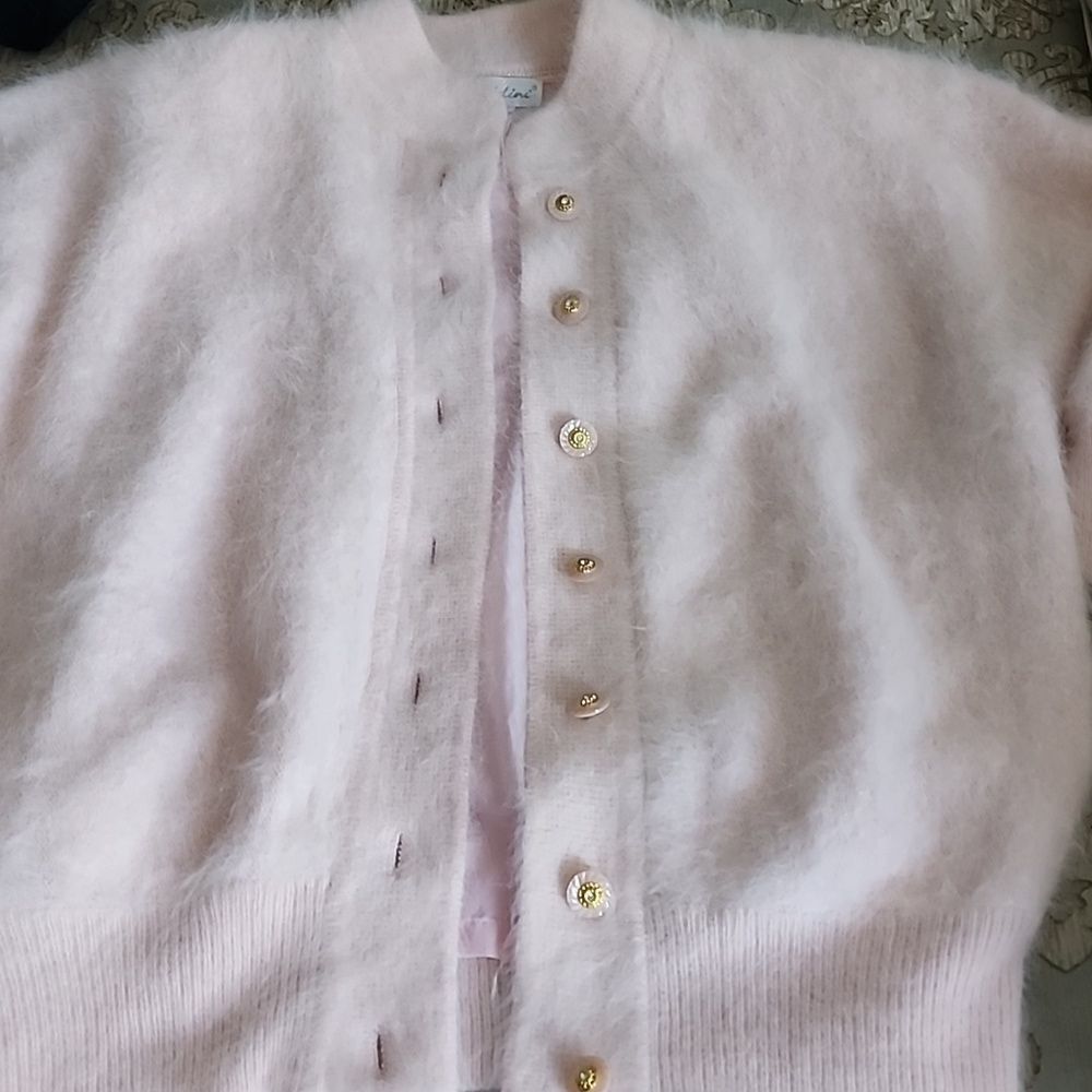Vintage Quiet Luxury Soft Angora Fur Jewel Button Pink Cardigan Sweater Size XL